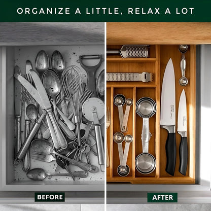 Bamboo Drawer Organizer – Expandable 9 Slot Silverware & Utensil Tray for Kitchen, Office & Kitchen –Fits 13”–19.6” Drawers, Natural Bamboo Wood, Deep Compartments - Durable & Eco-Friendly