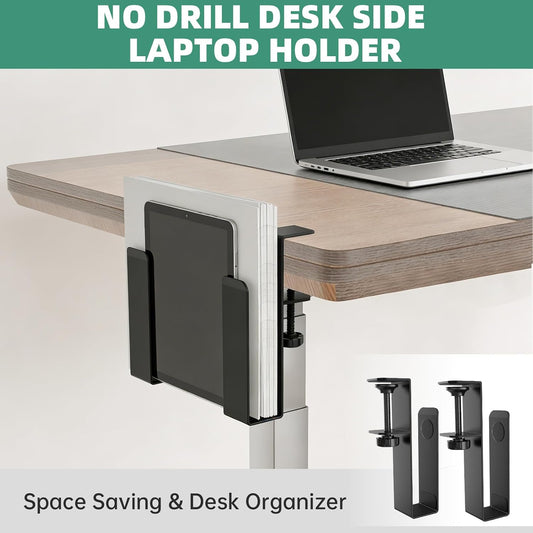 Adjustable Side Laptop Mount, No Drill Desk Storage Organizer, Metal Hanging Notebooks Holder, Punch-Free Clamp for MacBook Pro, Documents with Anti-Scratch Silicone