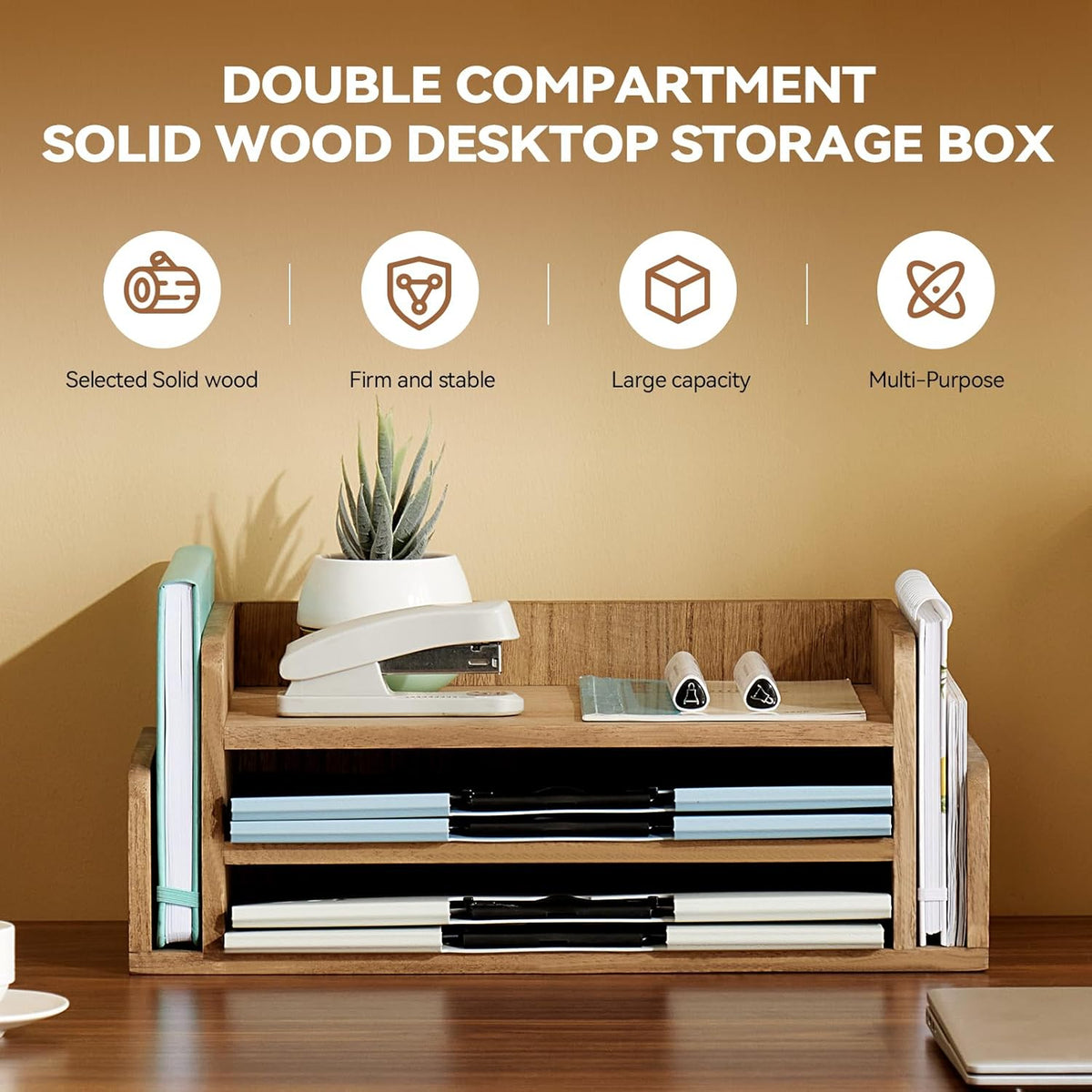 Wood Desk Organizer, 5-Tray Letter Tray and Mail Sorter, Brown 2TP