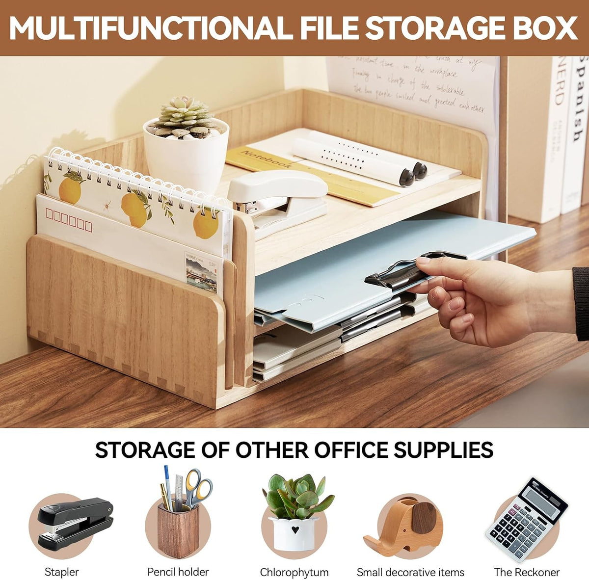 Wood Desk Organizer, 5-Tray Letter Tray and Mail Sorter, Brown 2TP