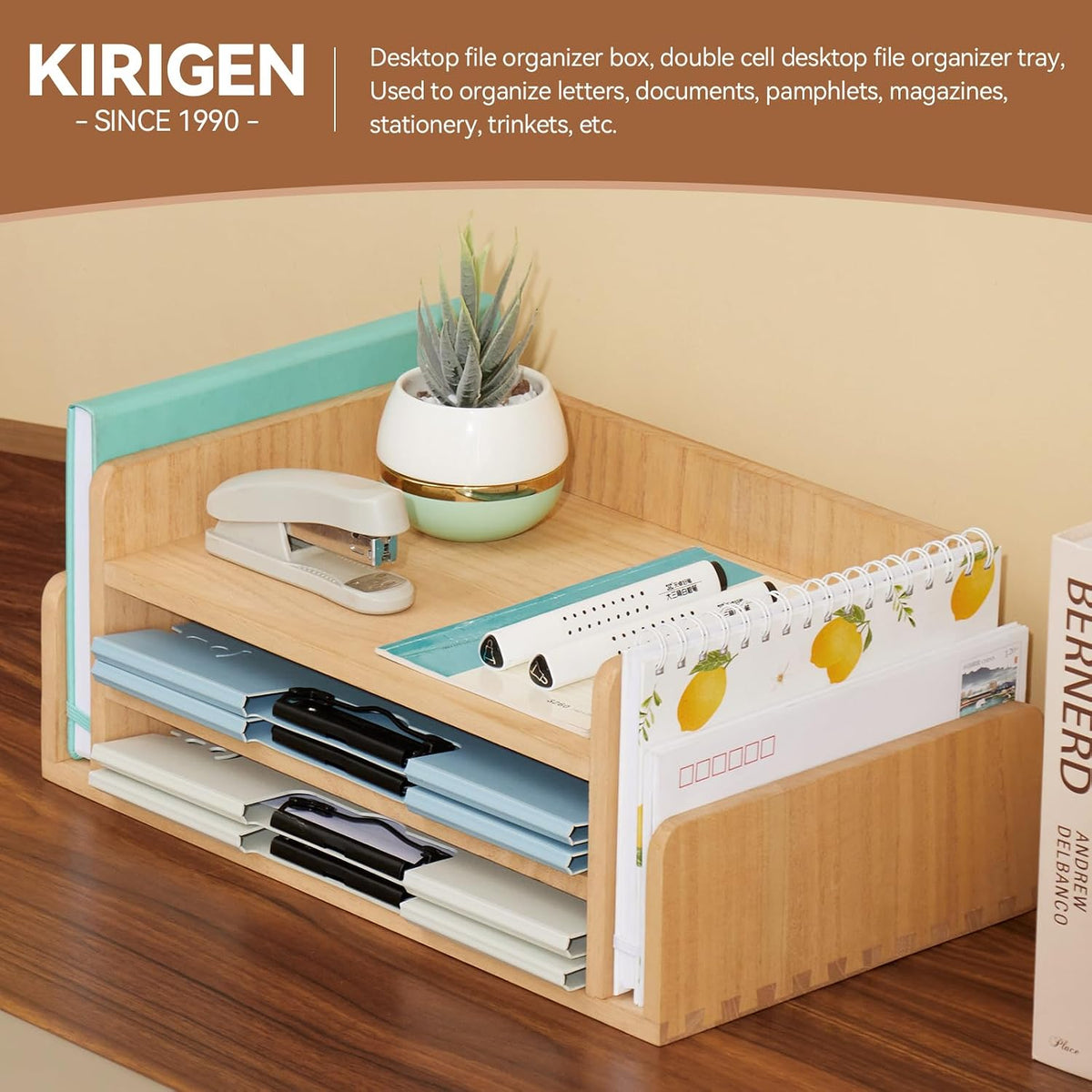 Wood Desk Organizer, 5-Tray Letter Tray and Mail Sorter, Brown 2TP