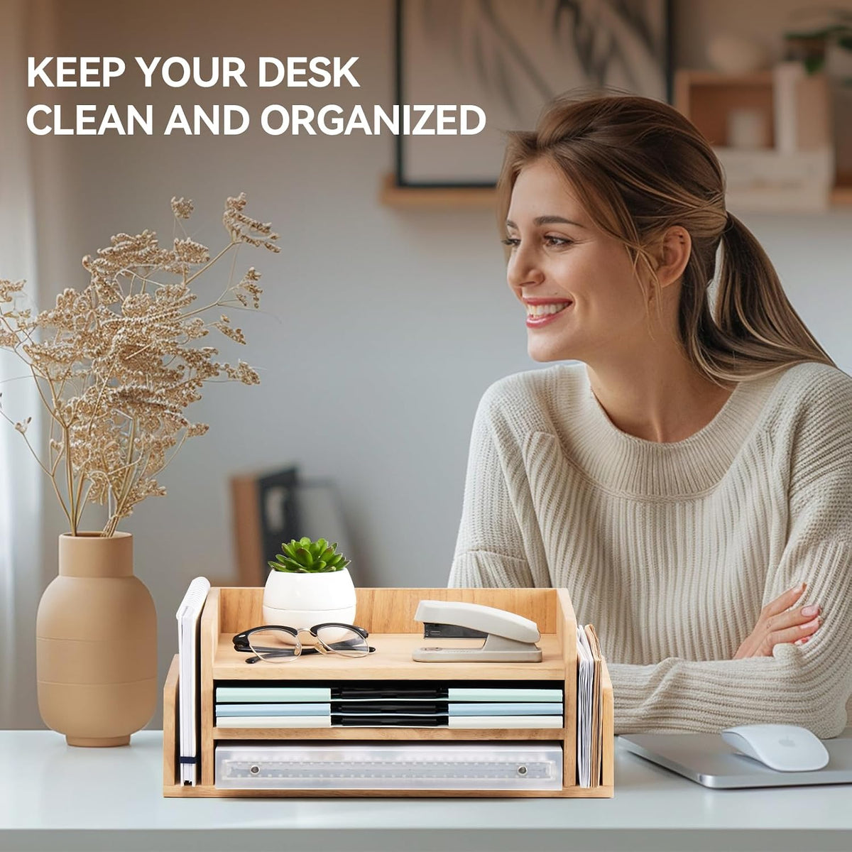 Wood Desk Organizer, 5-Tray Letter Tray and Mail Sorter, Brown 2TP