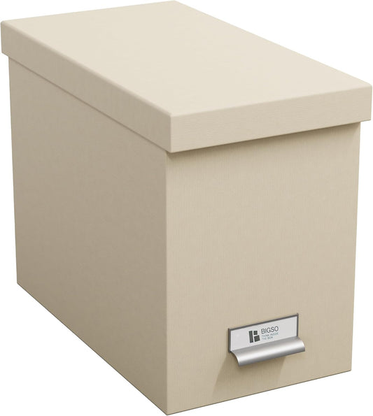 John Fiberboard Label Frame Desktop File Storage Box - Document Organizer for Important Paperwork - Durable Hanging File Box with Lid & Metal Label Window - 7.36 x 13.38 x 10.51 in - Fawn