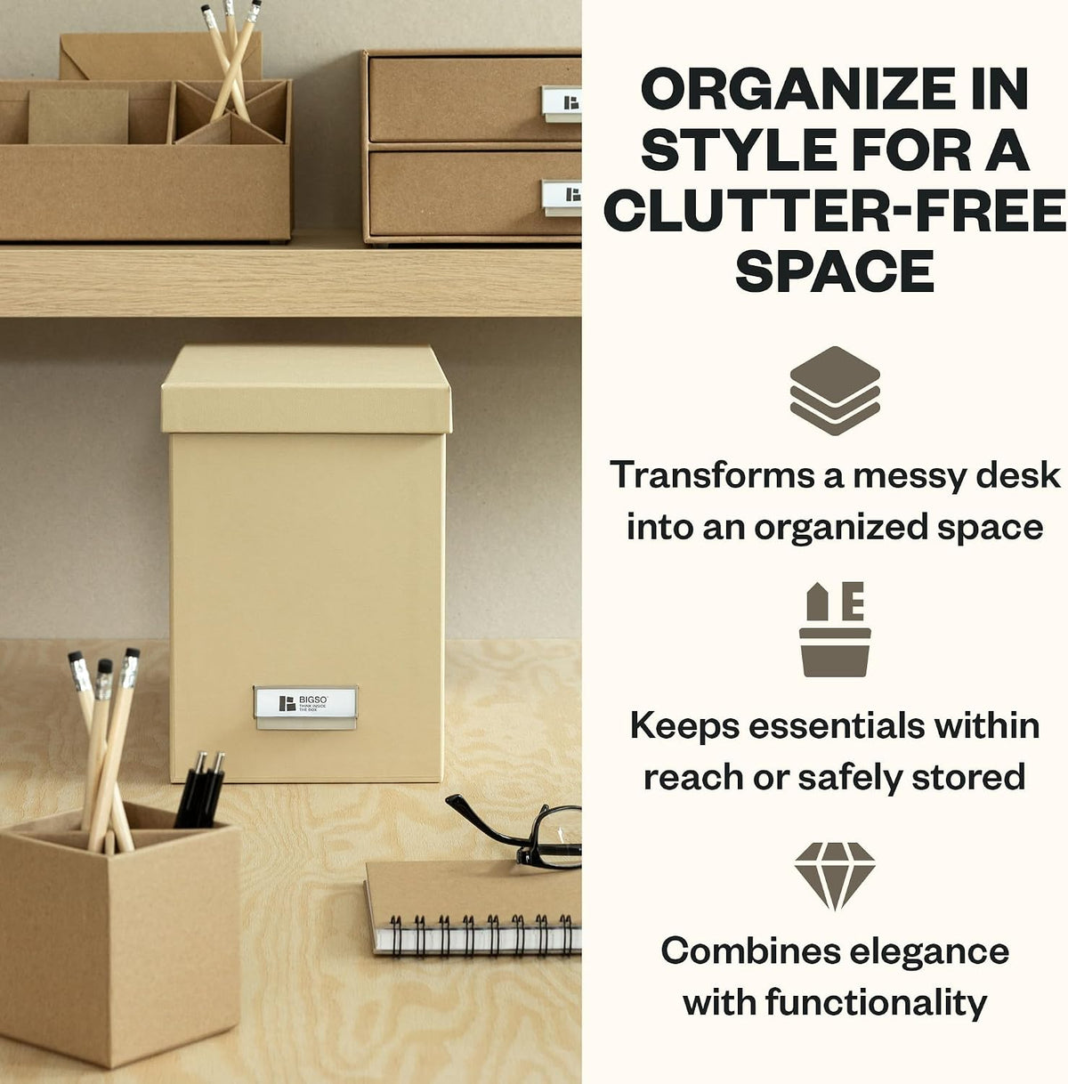 John Fiberboard Label Frame Desktop File Storage Box - Document Organizer for Important Paperwork - Durable Hanging File Box with Lid & Metal Label Window - 7.36 x 13.38 x 10.51 in - Fawn