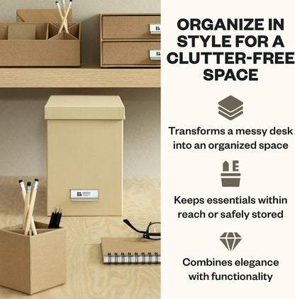 John Fiberboard Label Frame Desktop File Storage Box - Document Organizer for Important Paperwork - Durable Hanging File Box with Lid & Metal Label Window - 7.36 x 13.38 x 10.51 in - Fawn