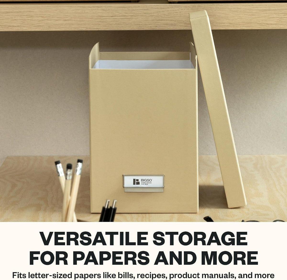 John Fiberboard Label Frame Desktop File Storage Box - Document Organizer for Important Paperwork - Durable Hanging File Box with Lid & Metal Label Window - 7.36 x 13.38 x 10.51 in - Fawn