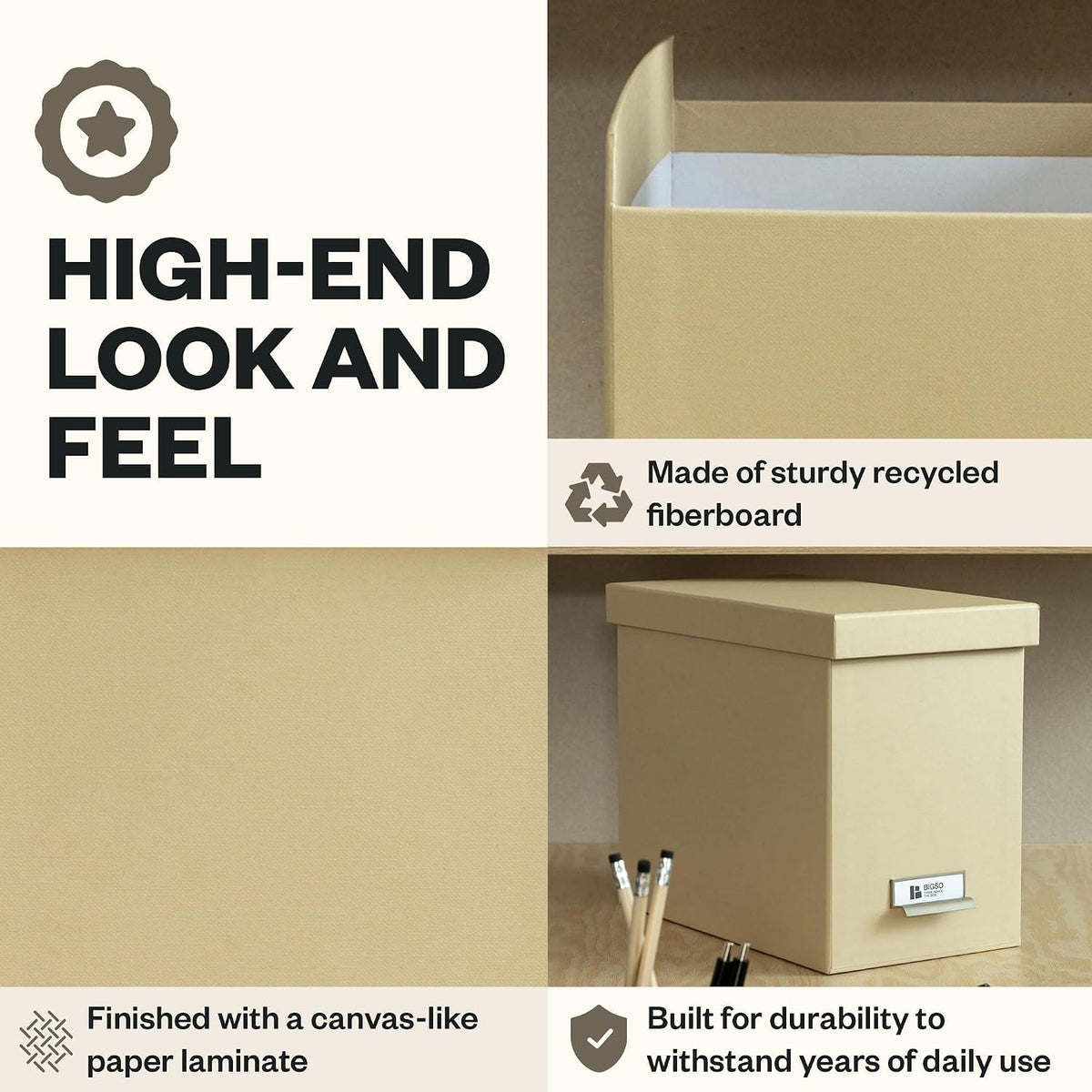 John Fiberboard Label Frame Desktop File Storage Box - Document Organizer for Important Paperwork - Durable Hanging File Box with Lid & Metal Label Window - 7.36 x 13.38 x 10.51 in - Fawn
