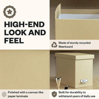 John Fiberboard Label Frame Desktop File Storage Box - Document Organizer for Important Paperwork - Durable Hanging File Box with Lid & Metal Label Window - 7.36 x 13.38 x 10.51 in - Fawn