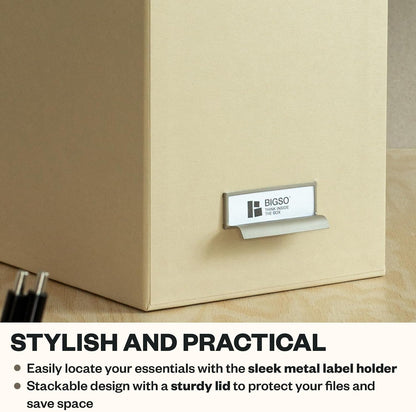 John Fiberboard Label Frame Desktop File Storage Box - Document Organizer for Important Paperwork - Durable Hanging File Box with Lid & Metal Label Window - 7.36 x 13.38 x 10.51 in - Fawn