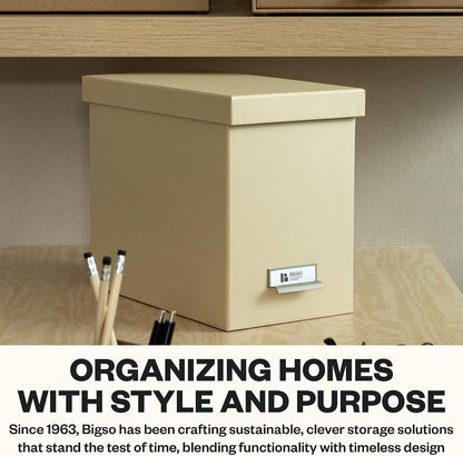 John Fiberboard Label Frame Desktop File Storage Box - Document Organizer for Important Paperwork - Durable Hanging File Box with Lid & Metal Label Window - 7.36 x 13.38 x 10.51 in - Fawn