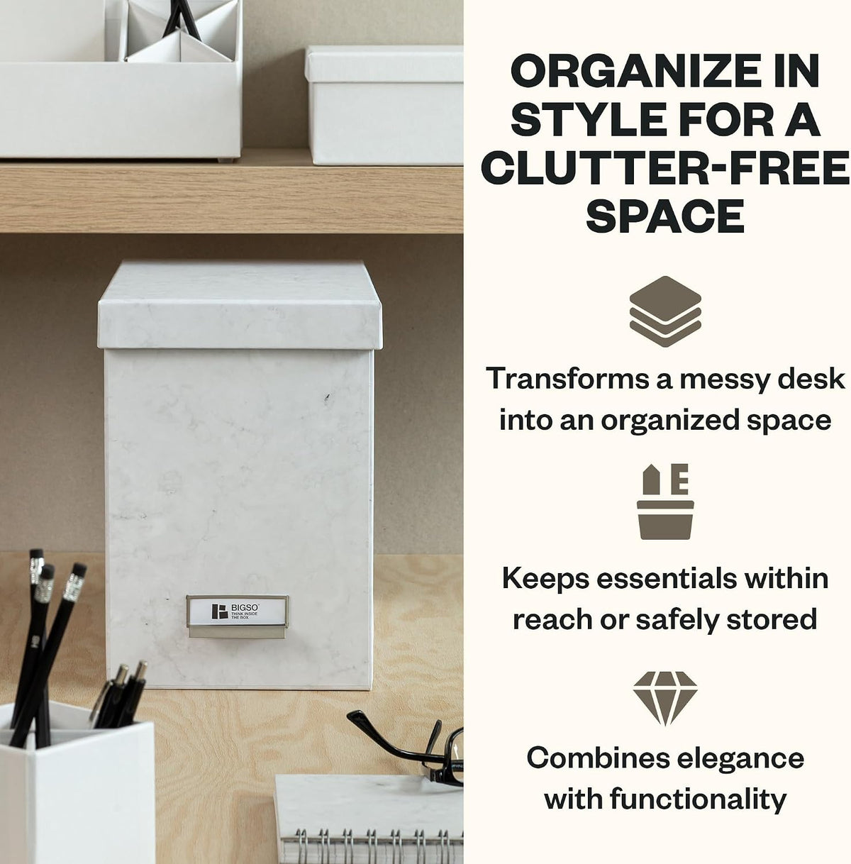 John Fiberboard Label Frame Desktop File Storage Box - Document Organizer for Important Paperwork - Durable Hanging File Box with Lid & Metal Label Window - 7.36 x 13.38 x 10.51 in - Fawn