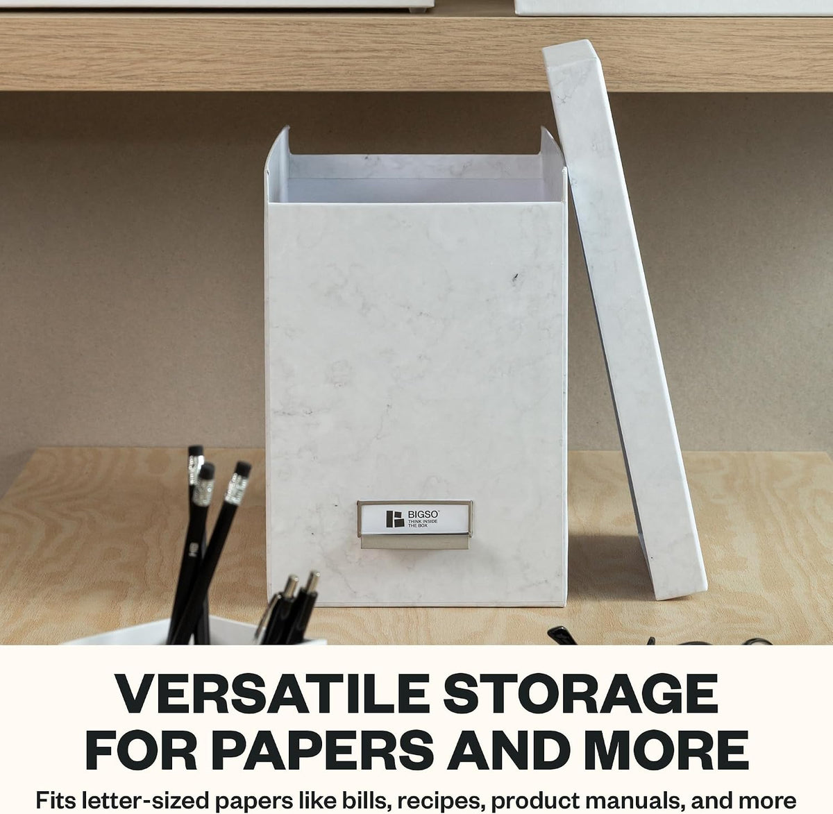 John Fiberboard Label Frame Desktop File Storage Box - Document Organizer for Important Paperwork - Durable Hanging File Box with Lid & Metal Label Window - 7.36 x 13.38 x 10.51 in - Fawn