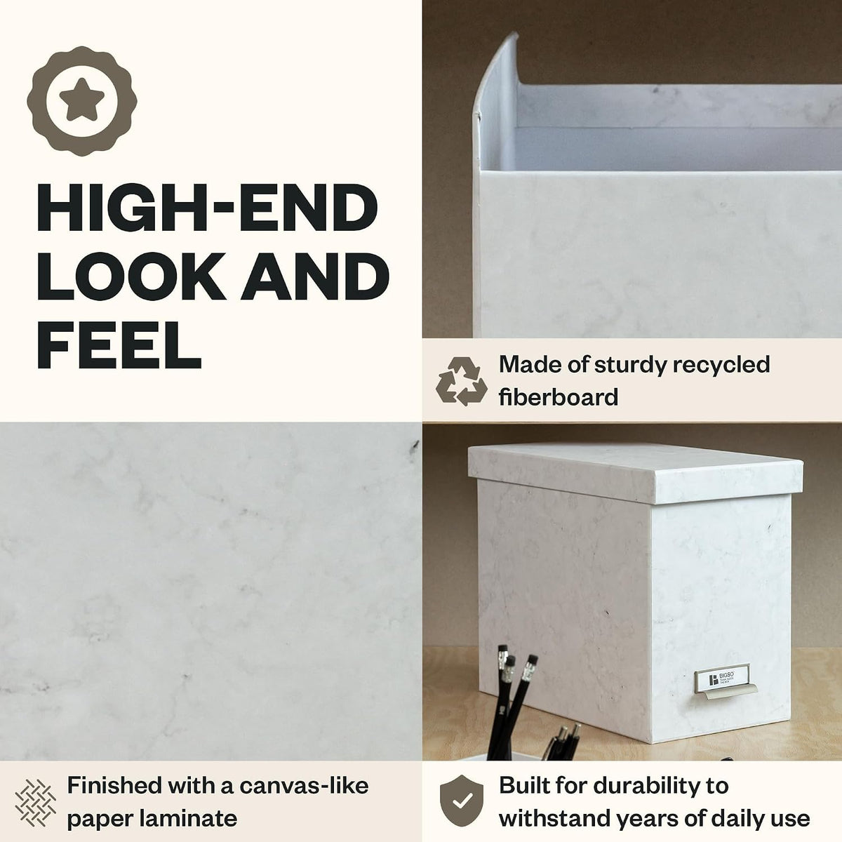 John Fiberboard Label Frame Desktop File Storage Box - Document Organizer for Important Paperwork - Durable Hanging File Box with Lid & Metal Label Window - 7.36 x 13.38 x 10.51 in - Fawn