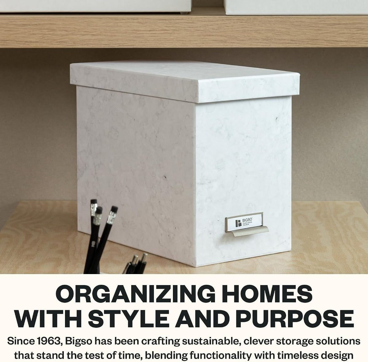 John Fiberboard Label Frame Desktop File Storage Box - Document Organizer for Important Paperwork - Durable Hanging File Box with Lid & Metal Label Window - 7.36 x 13.38 x 10.51 in - Fawn