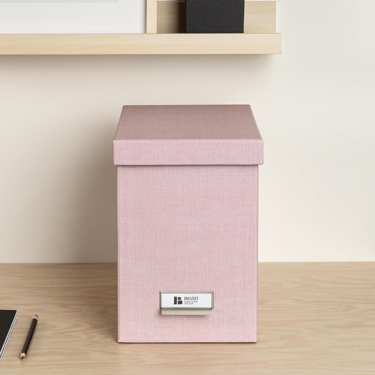 John Fiberboard Label Frame Desktop File Storage Box - Document Organizer for Important Paperwork - Durable Hanging File Box with Lid & Metal Label Window - 7.36 x 13.38 x 10.51 in - Fawn