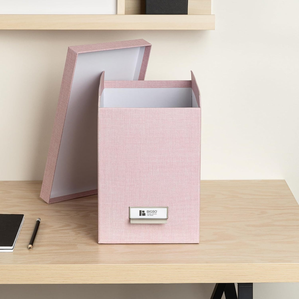 John Fiberboard Label Frame Desktop File Storage Box - Document Organizer for Important Paperwork - Durable Hanging File Box with Lid & Metal Label Window - 7.36 x 13.38 x 10.51 in - Fawn
