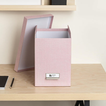 John Fiberboard Label Frame Desktop File Storage Box - Document Organizer for Important Paperwork - Durable Hanging File Box with Lid & Metal Label Window - 7.36 x 13.38 x 10.51 in - Fawn