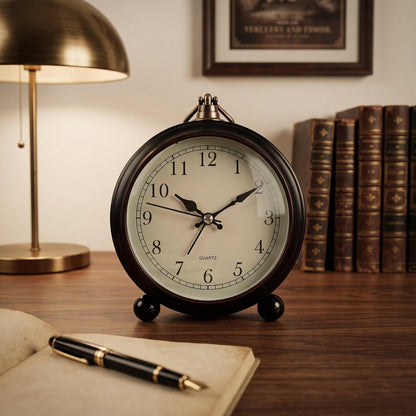 Vintage Retro Analog Alarm Clock, 4.5 inch Super Silent Non Ticking Small Clock with Night Light, Battery Operated, Simply Design, for Living Room, Bedroom, Bedside, Desk, Gift Clock (Arabic)