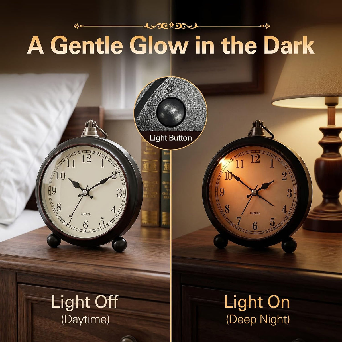 Vintage Retro Analog Alarm Clock, 4.5 inch Super Silent Non Ticking Small Clock with Night Light, Battery Operated, Simply Design, for Living Room, Bedroom, Bedside, Desk, Gift Clock (Arabic)