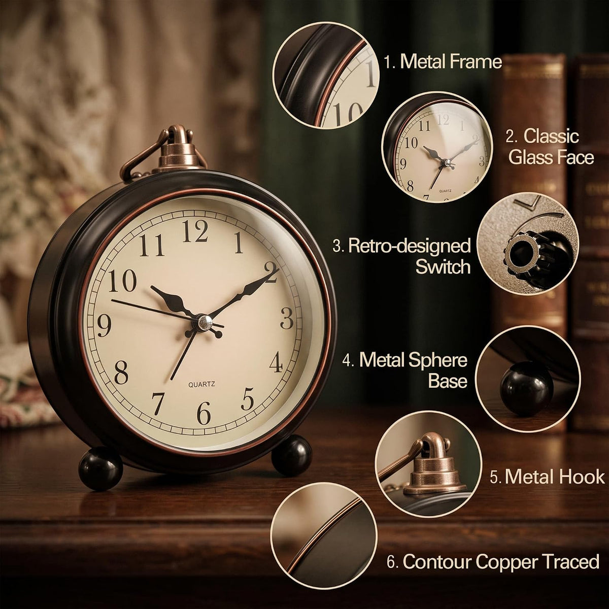 Vintage Retro Analog Alarm Clock, 4.5 inch Super Silent Non Ticking Small Clock with Night Light, Battery Operated, Simply Design, for Living Room, Bedroom, Bedside, Desk, Gift Clock (Arabic)
