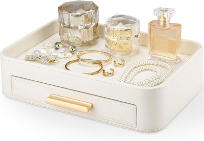PU Leather Valet Tray with Drawer, Nightstand Organizer Catch All Tray for Jewelry Perfume Purse Trinket Key Holder, EDC Trays for Desk Vanity Entryway Table, Gift for Women Men, Cream White