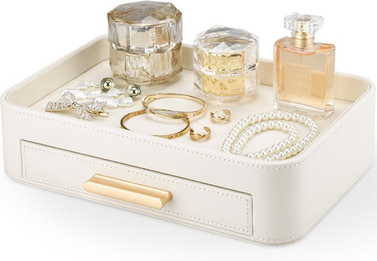 PU Leather Valet Tray with Drawer, Nightstand Organizer Catch All Tray for Jewelry Perfume Purse Trinket Key Holder, EDC Trays for Desk Vanity Entryway Table, Gift for Women Men, Cream White