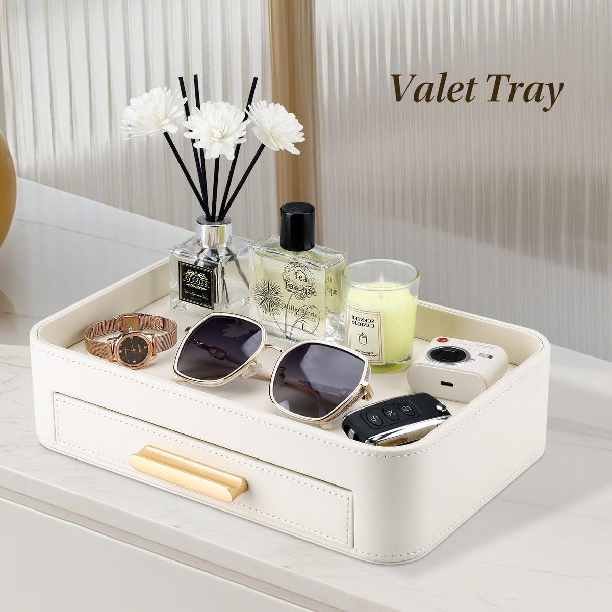 PU Leather Valet Tray with Drawer, Nightstand Organizer Catch All Tray for Jewelry Perfume Purse Trinket Key Holder, EDC Trays for Desk Vanity Entryway Table, Gift for Women Men, Cream White