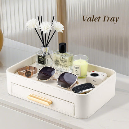 PU Leather Valet Tray with Drawer, Nightstand Organizer Catch All Tray for Jewelry Perfume Purse Trinket Key Holder, EDC Trays for Desk Vanity Entryway Table, Gift for Women Men, Cream White