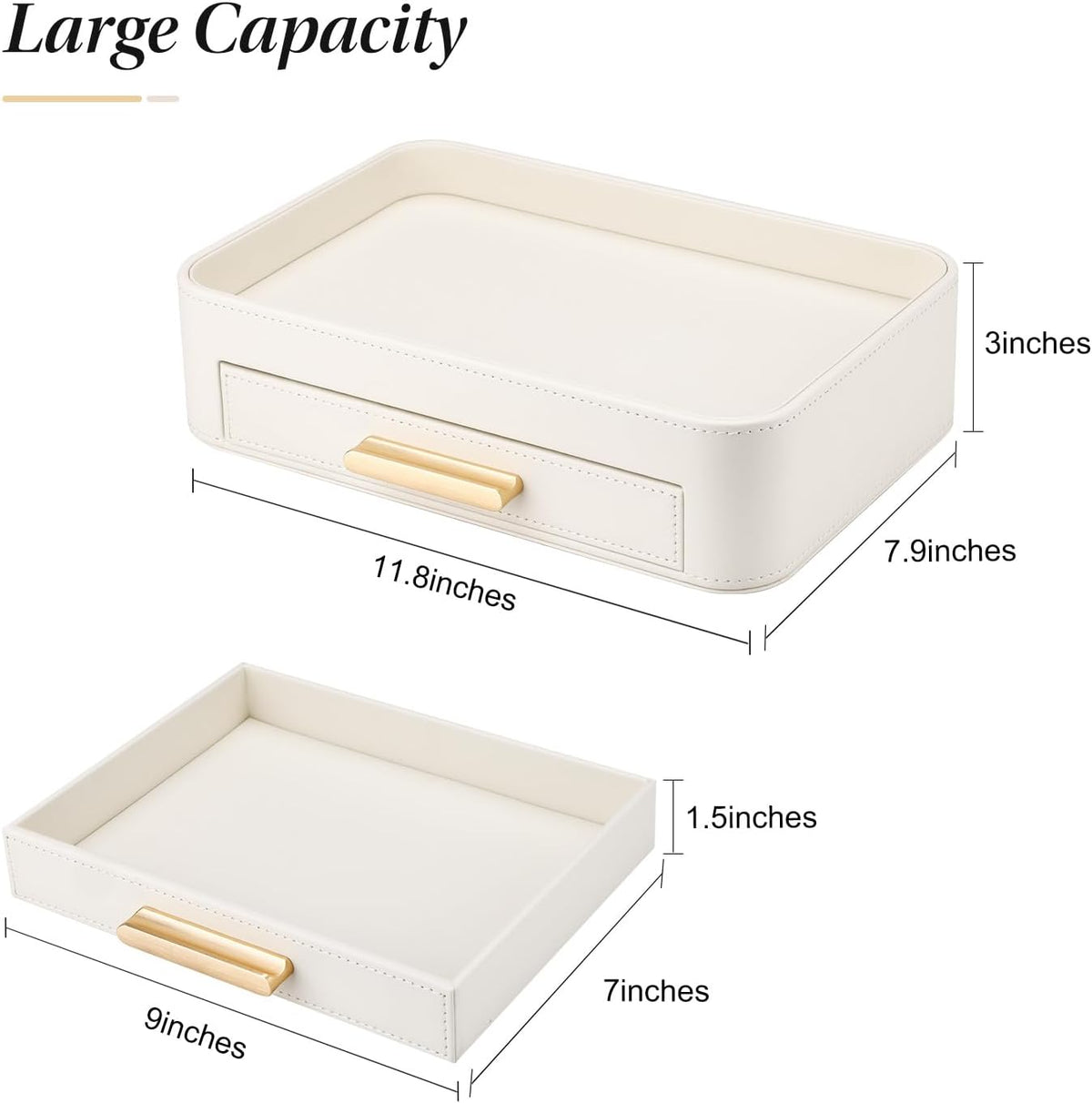 PU Leather Valet Tray with Drawer, Nightstand Organizer Catch All Tray for Jewelry Perfume Purse Trinket Key Holder, EDC Trays for Desk Vanity Entryway Table, Gift for Women Men, Cream White