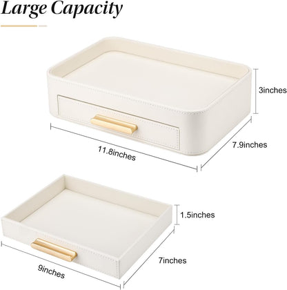 PU Leather Valet Tray with Drawer, Nightstand Organizer Catch All Tray for Jewelry Perfume Purse Trinket Key Holder, EDC Trays for Desk Vanity Entryway Table, Gift for Women Men, Cream White