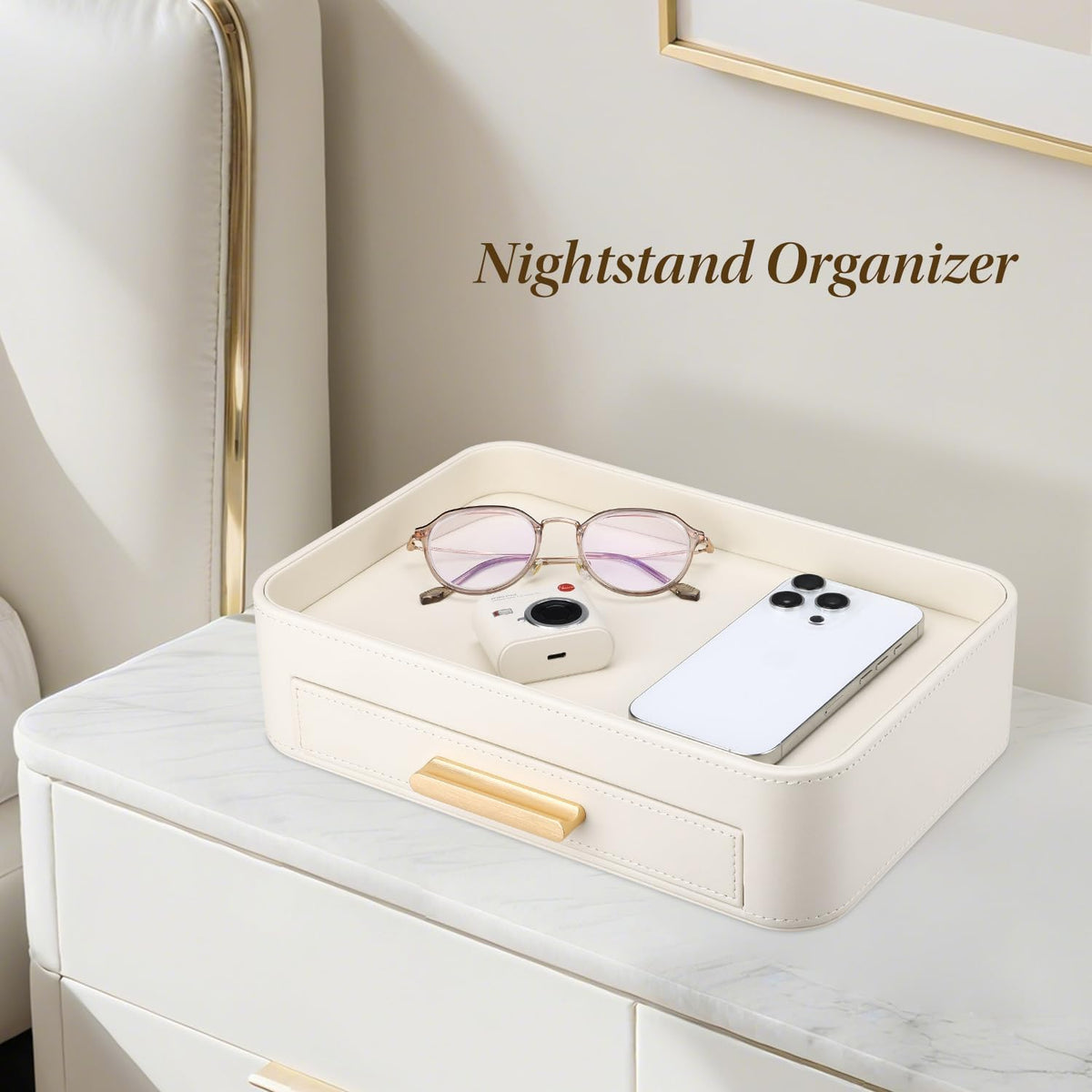 PU Leather Valet Tray with Drawer, Nightstand Organizer Catch All Tray for Jewelry Perfume Purse Trinket Key Holder, EDC Trays for Desk Vanity Entryway Table, Gift for Women Men, Cream White