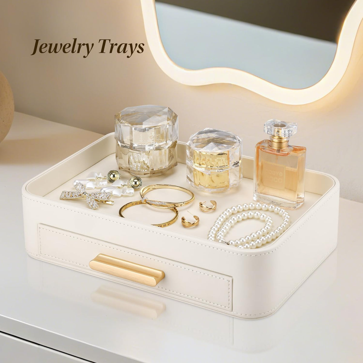 PU Leather Valet Tray with Drawer, Nightstand Organizer Catch All Tray for Jewelry Perfume Purse Trinket Key Holder, EDC Trays for Desk Vanity Entryway Table, Gift for Women Men, Cream White