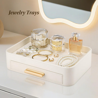PU Leather Valet Tray with Drawer, Nightstand Organizer Catch All Tray for Jewelry Perfume Purse Trinket Key Holder, EDC Trays for Desk Vanity Entryway Table, Gift for Women Men, Cream White