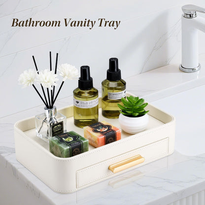 PU Leather Valet Tray with Drawer, Nightstand Organizer Catch All Tray for Jewelry Perfume Purse Trinket Key Holder, EDC Trays for Desk Vanity Entryway Table, Gift for Women Men, Cream White