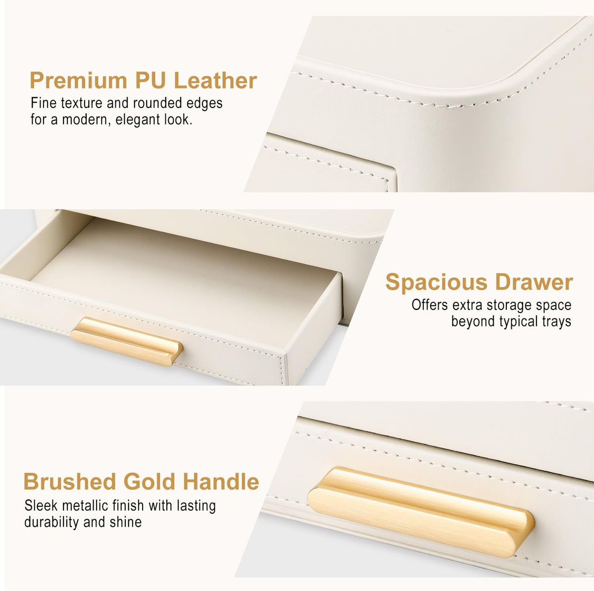 PU Leather Valet Tray with Drawer, Nightstand Organizer Catch All Tray for Jewelry Perfume Purse Trinket Key Holder, EDC Trays for Desk Vanity Entryway Table, Gift for Women Men, Cream White