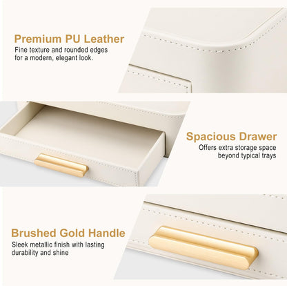 PU Leather Valet Tray with Drawer, Nightstand Organizer Catch All Tray for Jewelry Perfume Purse Trinket Key Holder, EDC Trays for Desk Vanity Entryway Table, Gift for Women Men, Cream White