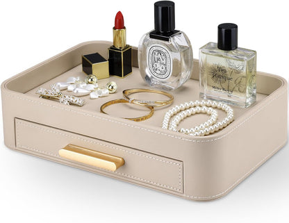PU Leather Valet Tray with Drawer, Nightstand Organizer Catch All Tray for Jewelry Perfume Purse Trinket Key Holder, EDC Trays for Desk Vanity Entryway Table, Gift for Women Men, Cream White