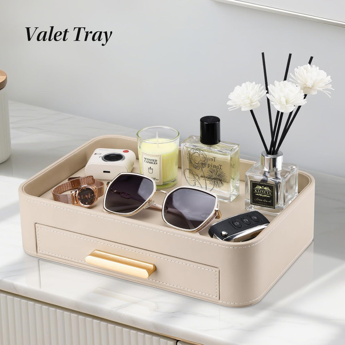PU Leather Valet Tray with Drawer, Nightstand Organizer Catch All Tray for Jewelry Perfume Purse Trinket Key Holder, EDC Trays for Desk Vanity Entryway Table, Gift for Women Men, Cream White