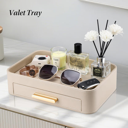PU Leather Valet Tray with Drawer, Nightstand Organizer Catch All Tray for Jewelry Perfume Purse Trinket Key Holder, EDC Trays for Desk Vanity Entryway Table, Gift for Women Men, Cream White