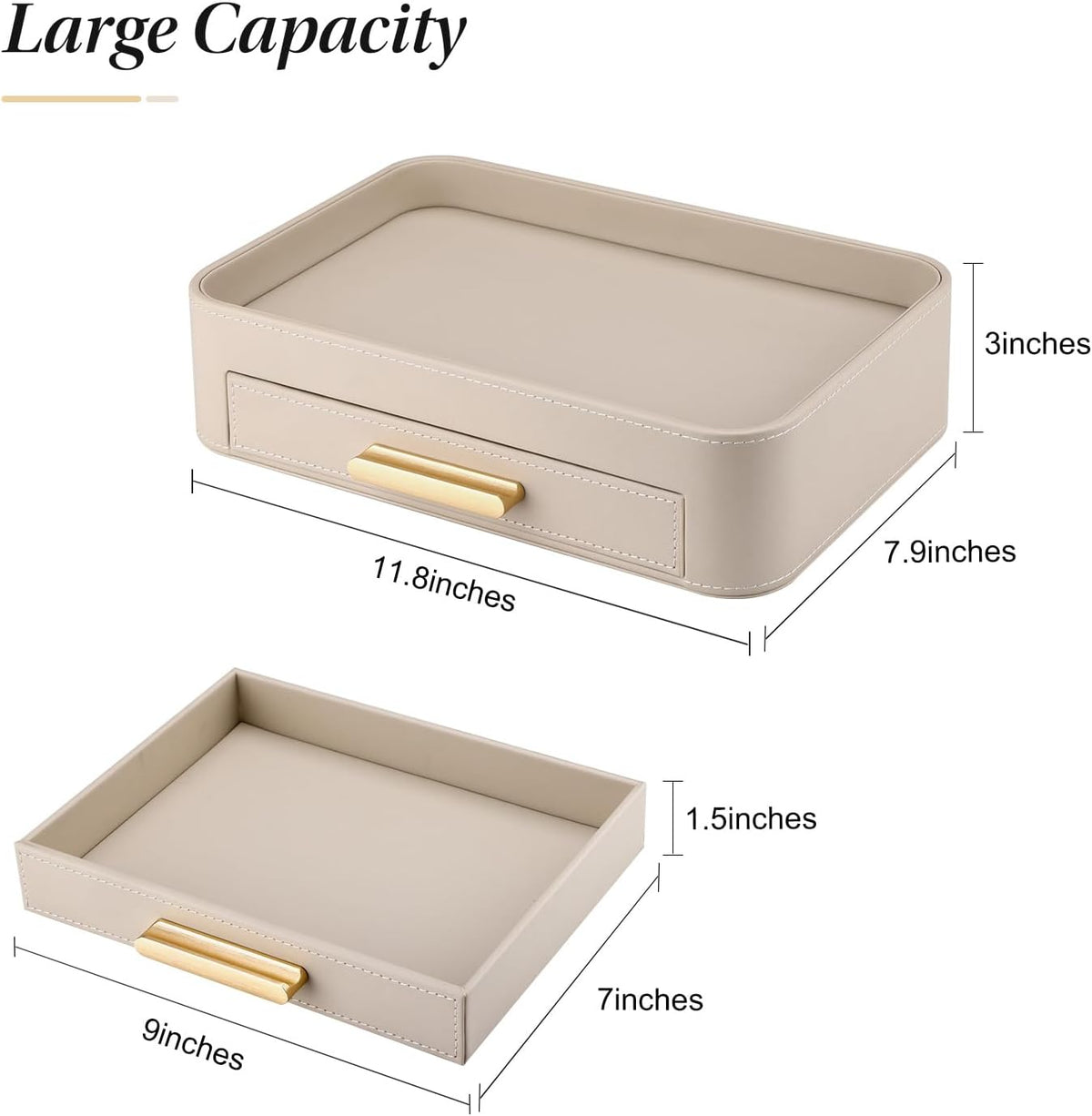 PU Leather Valet Tray with Drawer, Nightstand Organizer Catch All Tray for Jewelry Perfume Purse Trinket Key Holder, EDC Trays for Desk Vanity Entryway Table, Gift for Women Men, Cream White