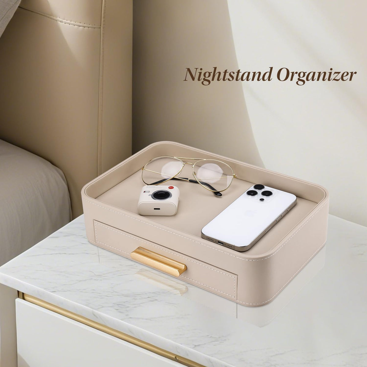 PU Leather Valet Tray with Drawer, Nightstand Organizer Catch All Tray for Jewelry Perfume Purse Trinket Key Holder, EDC Trays for Desk Vanity Entryway Table, Gift for Women Men, Cream White