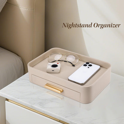 PU Leather Valet Tray with Drawer, Nightstand Organizer Catch All Tray for Jewelry Perfume Purse Trinket Key Holder, EDC Trays for Desk Vanity Entryway Table, Gift for Women Men, Cream White