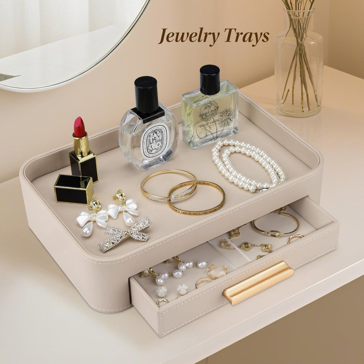PU Leather Valet Tray with Drawer, Nightstand Organizer Catch All Tray for Jewelry Perfume Purse Trinket Key Holder, EDC Trays for Desk Vanity Entryway Table, Gift for Women Men, Cream White