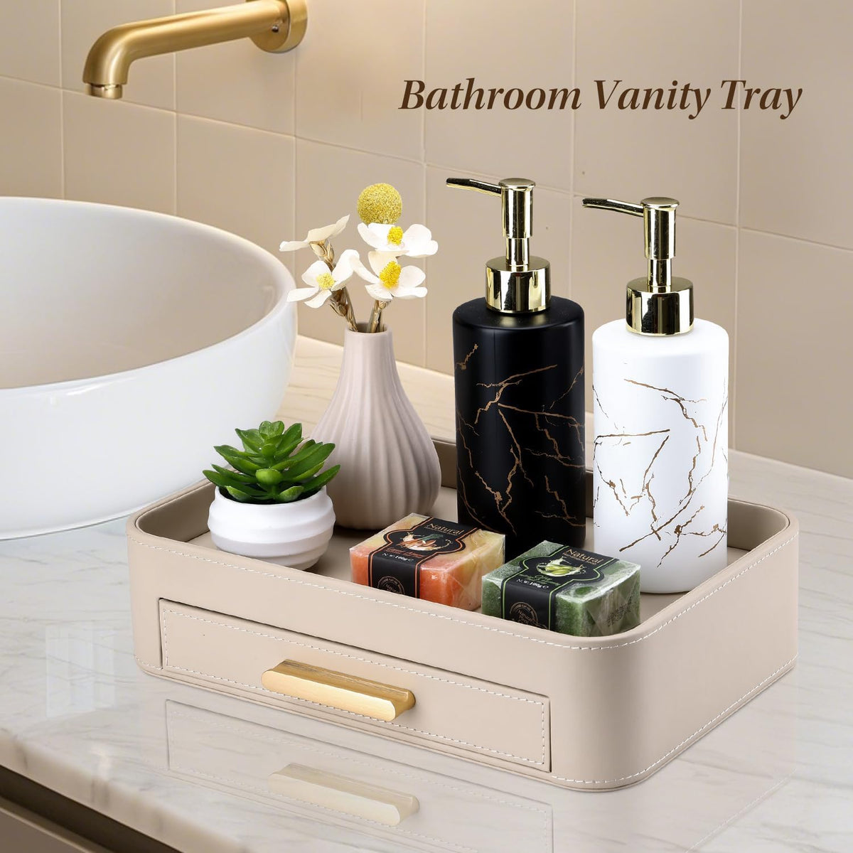 PU Leather Valet Tray with Drawer, Nightstand Organizer Catch All Tray for Jewelry Perfume Purse Trinket Key Holder, EDC Trays for Desk Vanity Entryway Table, Gift for Women Men, Cream White