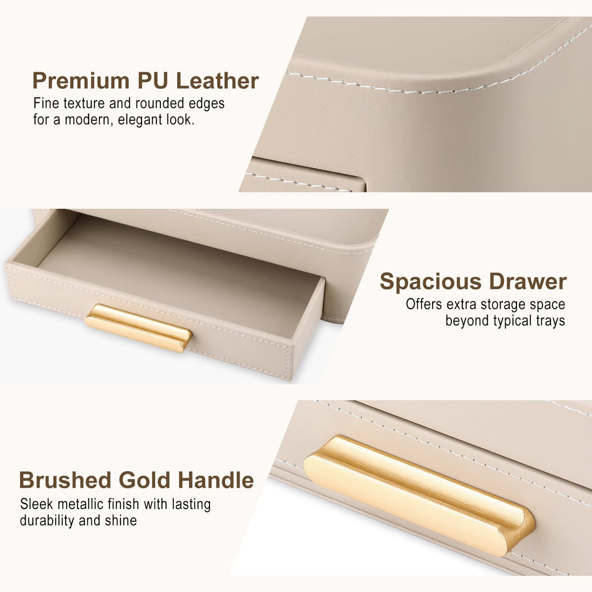 PU Leather Valet Tray with Drawer, Nightstand Organizer Catch All Tray for Jewelry Perfume Purse Trinket Key Holder, EDC Trays for Desk Vanity Entryway Table, Gift for Women Men, Cream White