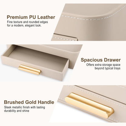 PU Leather Valet Tray with Drawer, Nightstand Organizer Catch All Tray for Jewelry Perfume Purse Trinket Key Holder, EDC Trays for Desk Vanity Entryway Table, Gift for Women Men, Cream White