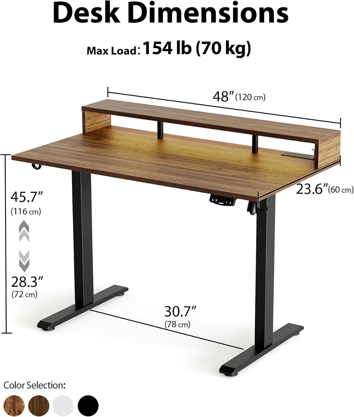 48 * 24 Inch Electric Standing Desk with Shelf & Led, Dark Walnut