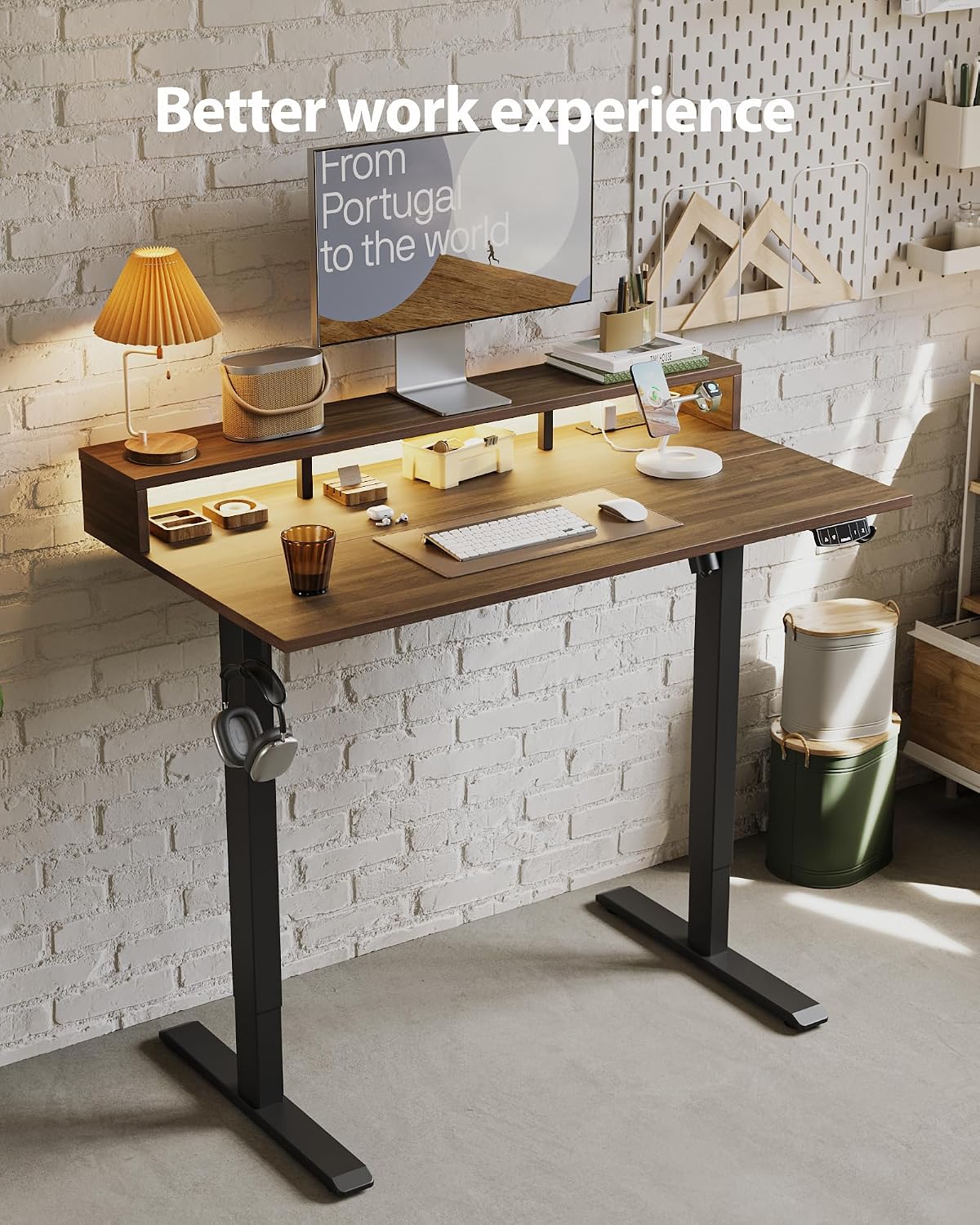 48 * 24 Inch Electric Standing Desk with Shelf & Led, Dark Walnut