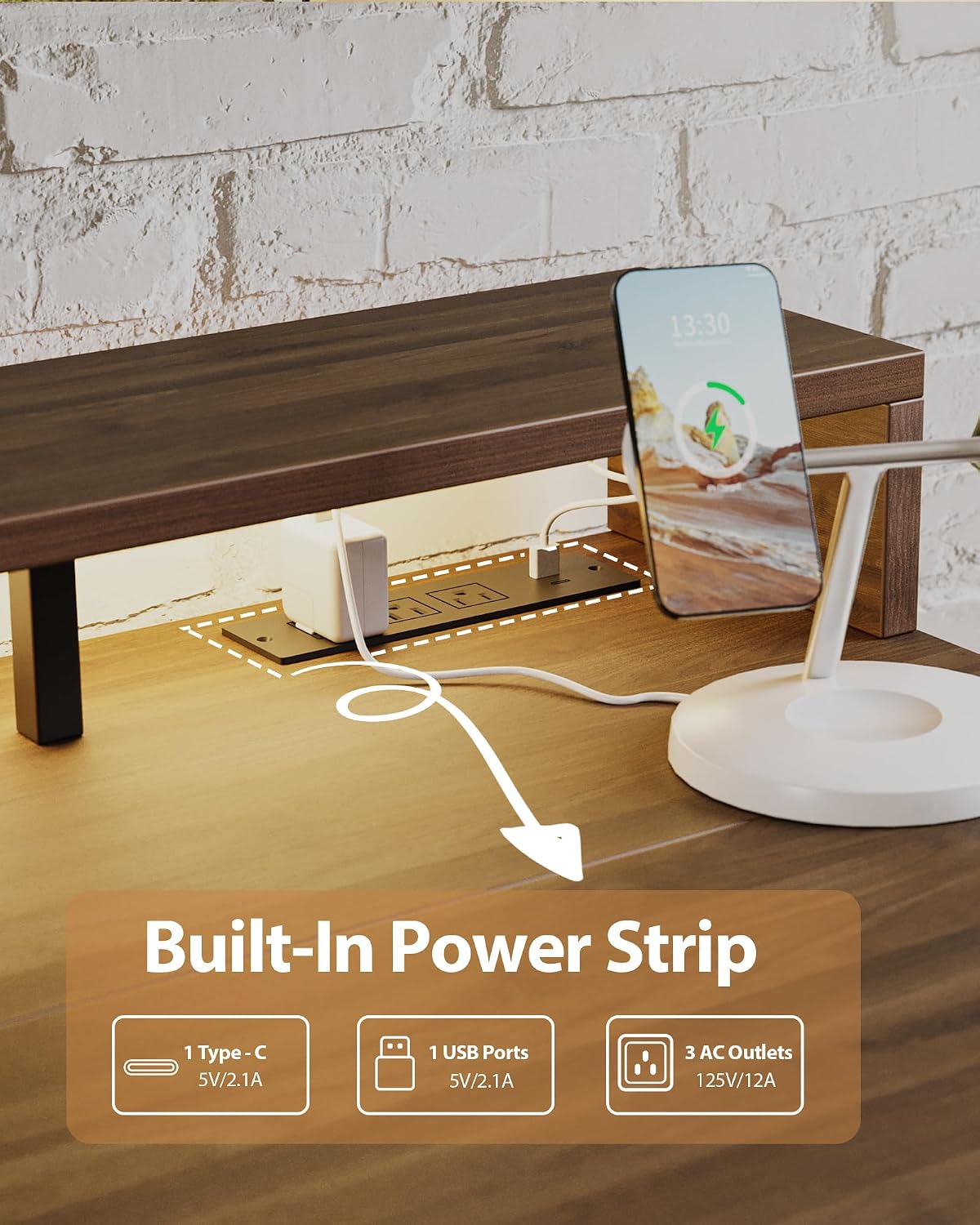 48 * 24 Inch Electric Standing Desk with Shelf & Led, Dark Walnut