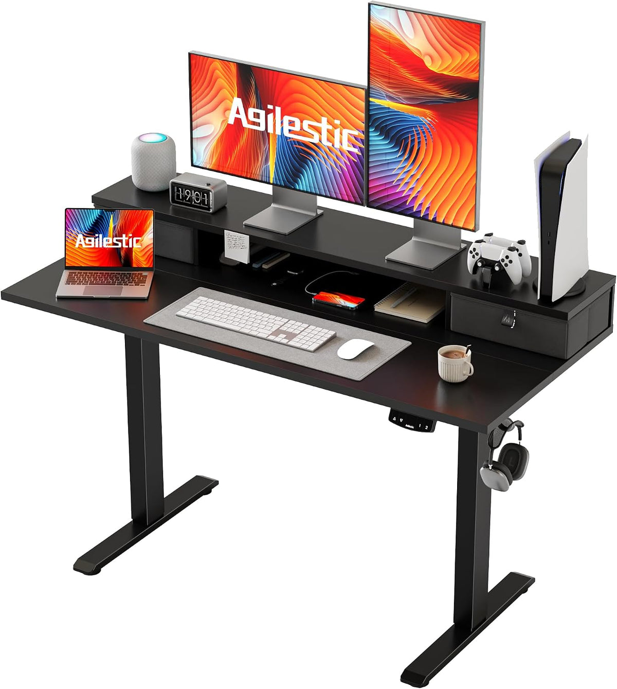 48 * 24 Inch Electric Standing Desk with Shelf & Led, Dark Walnut
